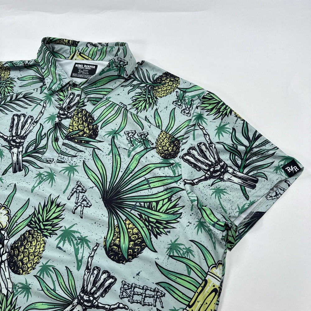 Rebel Reaper Mens Polo 3XL Green Beer Me Pineapple Skeleton Edgy Performance